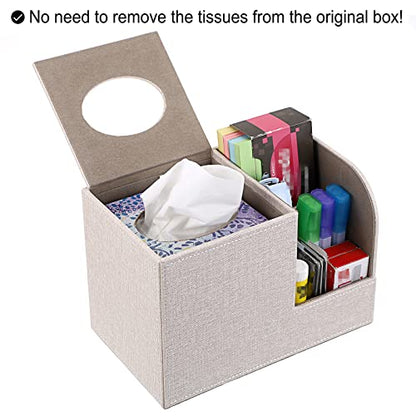 Sumnacon Square Linen Tissue Box Cover - Decorative Cube Tissue Box Holder with Side Organizer, Modern Tissue Box for Living Room Vanity Night Stand Table Countertop Office, Beige