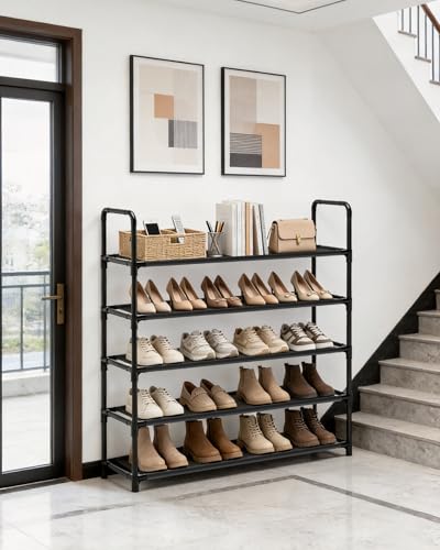 Large Capacity Shoe Rack, 5-Tier Shoe Organizer for Closet, Entryway, Hallway, Holds 20-25 Pairs, Sturdy & Durable Waterproof Fabric Shelf, Space-Saving,Black(35.8" Wide)