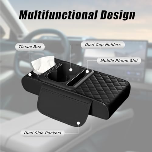 Upgraded 5 in 1 Car Center Console Cover, Leather Car Armrest Cushion with Side Storage Bags, Cup Holder, Tissue Box and Phone Stand, Universal Interior Accessory for Most Vehicles