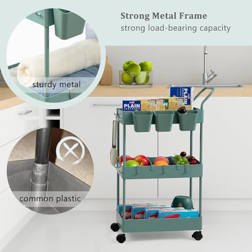 Storage Cart on Wheels, 3 Tier Bathroom Cart Organizer Slim Laundry Narrow Shelf with Wheels Dividers Hanging Cups Hooks Handle Easy Assembly, Green