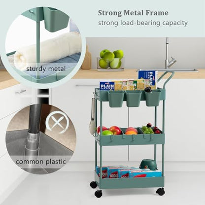 Storage Cart on Wheels, 3 Tier Bathroom Cart Organizer Slim Laundry Narrow Shelf with Wheels Dividers Hanging Cups Hooks Handle Easy Assembly, Green
