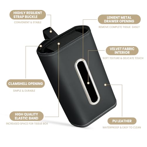 Large Car Tissue Holder, Refill Easily Clamshell Opening, Black 1PC | Tissue Box Cover Keep Car Tidy, Premium PU Leather Backseat Napkin Rectangle Organizer in Auto, Fits 100-150 Count Tissues