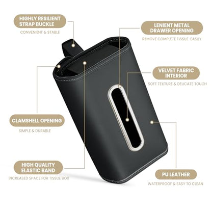 Large Car Tissue Holder, Refill Easily Clamshell Opening, Black 1PC | Tissue Box Cover Keep Car Tidy, Premium PU Leather Backseat Napkin Rectangle Organizer in Auto, Fits 100-150 Count Tissues