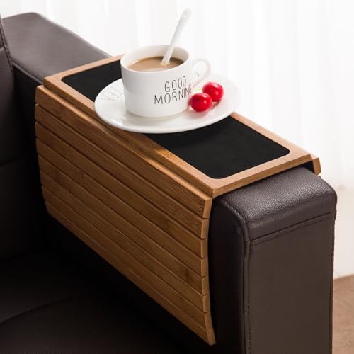 GEHE Bamboo Couch Arm Tray Table, Flexible/Foldable Sofa Arm Tray | Couch Armrest Table Cup Holder Great for Drinks Snacks Remote Control, Portable Side Table and Anti-Slip Bottom
