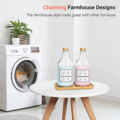 2 Pcs Glass Laundry Detergent Dispenser Bottle, Liquid Laundry Soap Dispenser for Laundry Room, 64oz Detergent Bleach Softener Dispenser for Farmhouse Decor, Includes Bamboo Pumps Tray Funnel Labels