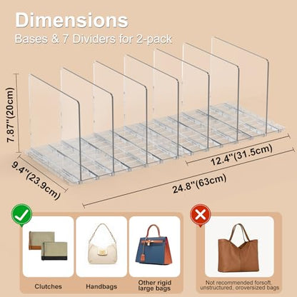 Bag & Purse Organizer for Closet: Adjustable Clear Dividers | Plastic Clutch for Closet Organizers Handbag Storage - Keep Carteras & Pocketbook Upright