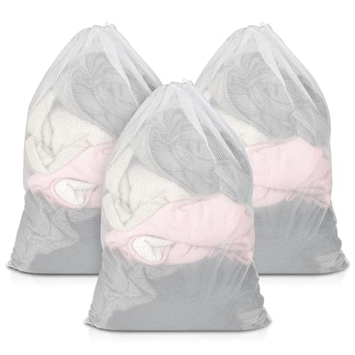 3 Pack Mesh Laundry Bags 23x34 Inch Drawstring Locking for Travel Home | mesh bags with locking drawstring, Tear-resistant for blankets & towels, Lightweight foldable for travel/dorm