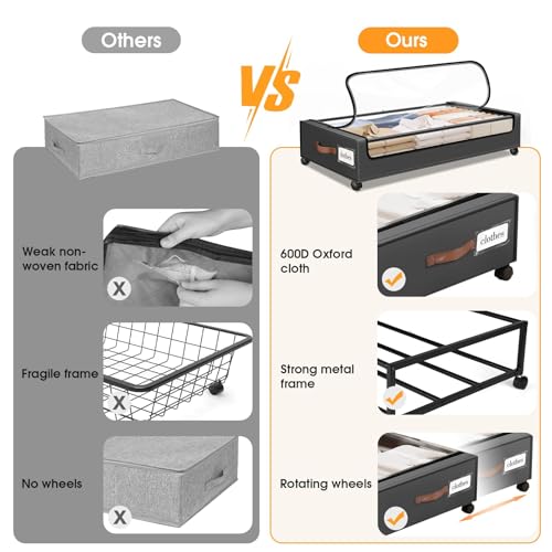 SpaceHacks Under Bed Storage with Wheels 2Pack Storage Containers with Clear Window&Label Under Bed Drawers Rolling Under Bed Storage for Clothes,Shoes, Blankets (30.71 x 16.93 x 6.69 in, Dark Grey)