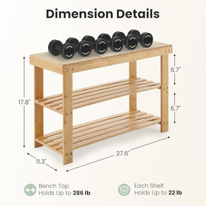 DUMOS Shoe Rack Bench with Storage, 3-Tier Bamboo Entryway Benches, Wooden Shoe Rack Holds Up to 286 lb Storage Organizer, Suitable for Bedroom Living Room Balcony, Classical Wood