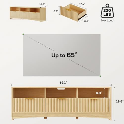 Marsail Fluted TV Stand for 65 inch TV, Modern Entertainment Center with Drawers, Boho TV Stands Wood Media Console Cabinet with Storage and Shelves, TV Consoles for Living Room, Bedroom, Oak