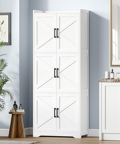 Tall Bathroom Floor Cabinet with 6 Barn Door 60.2''H Pantry White | 11.6''D x 22.6''W Linen Storage Cabinet with Adjustable Shelves, for Kitchen, Living Room, Entryway
