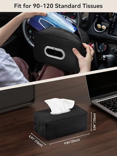 Multi-Functional Car Tissue Holder with 2 Storage Nets, Upgraded PU Leather Tissue Box Cover, Large Rectangle Napkin Organizer Fit for 100-160 Regular Size Tissues, Keep Car Tidy, Black