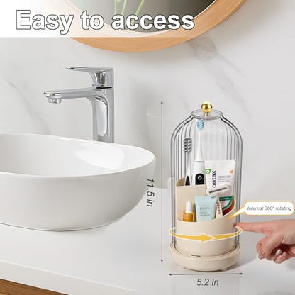 Toothbrush Holders with Cover Toothpaste Organizer for Bathroom, Beige | 360° Rotating, Dustproof Sliding Lid, Drainage Holes, Waterproof, for Kids Electric Toothbrush Makeup Brush Storage