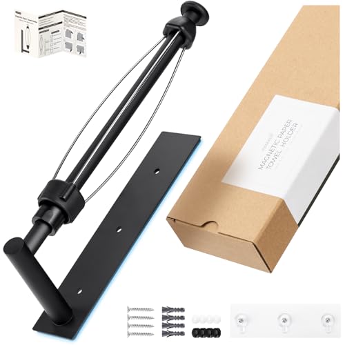 INMAKER Magnetic Paper Towel Holder for Fridge, Kitchen, RV, Garage, Grill | Strong Magnet Paper Towel Holder with Self Adhesive Wall Mount and Screws, One Hand Tear with Adjustable Damping, Black