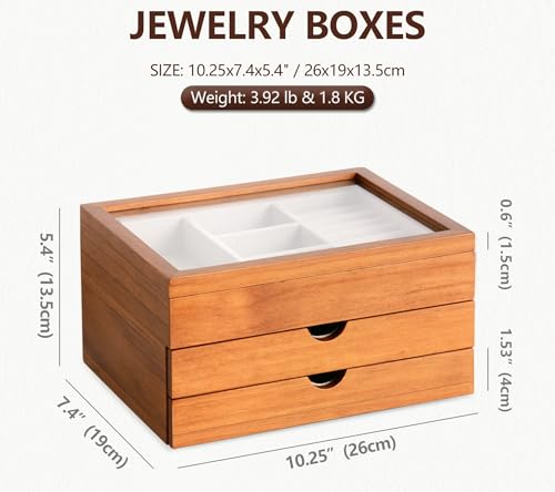 Clasin Home Jewelry Box with Glass Lid, 3 Layer Jewelry Organizer for Women, Solid Wooden Jewelry Box Display for Ring Earrings Necklace Bracelet, Pine Wood Jewelry Boxes Vintage Style for Gifts