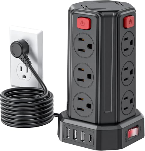 Power Strip 6.5 Ft Extension Cord with 12 AC Multiple Outlets 4 USB (1 USB C), SMALLRT Power Strip Tower Desktop Charging Station for Home Office College Dorm Essentials
