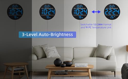 Digital Wall Clock with Large LED Display, Date, Temperature, Auto-Brightness | Small [PLUG-IN] Clock | Modern Electric Wall Clock for Bedroom, Classroom, Living Room, Home, Office, Farmhouse - Blue