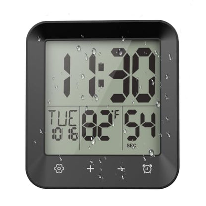 Waterproof Shower Clock, Digital Bathroom Kitchen Wall Clock Timer w/Temp. | w/Calendar, Touch Screen, Suction Cup, Hanging Hole, Battery Operated,Black