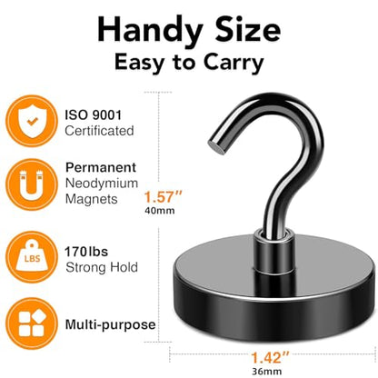 Magnetic Hooks Heavy Duty 170LB+ Strong Black Magnets Hook | Rare Earth Neodymium Hooks with Epoxy Coating Cruise Magnets with Hook for Hanging Refrigerator Garage 6 Pack