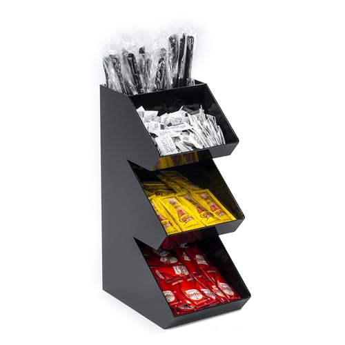 Inevibe Condiment Holder Stand, 3 Tier Coffee Station Organizer | Triple Compartment Black Acrylic Caddy Storage Rack for Condiments, Sauce Packets, & Coffee Display in Bar, Restaurant, Home