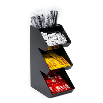 Inevibe Condiment Holder Station and Organizer, 3 Tier Compartments | Black Acrylic Caddy Storage Rack for Condiments, Sauce Packets, and Coffee Stand Display in Bar, Restaurant, Cafe, Home