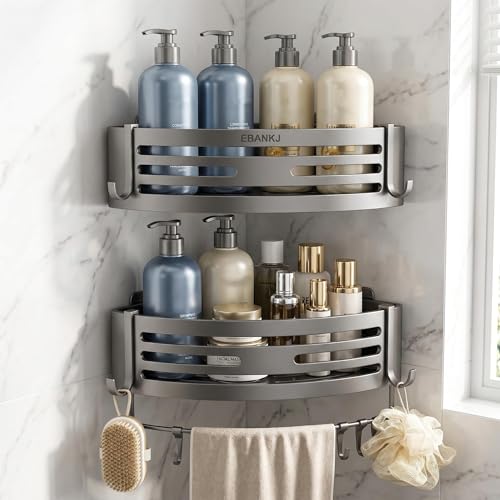 Corner Shower Shelf No Drill Adhesive Bathroom Cad... (2 Count | Matte Gray | Aluminum)
