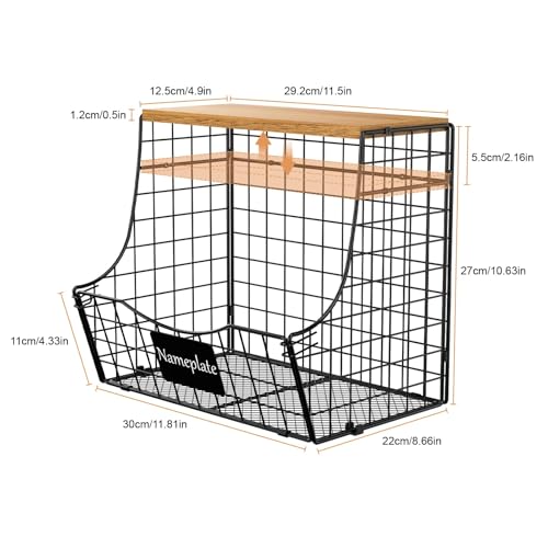 3 Pack wire Fruit Basket for Kitchen with Wood Lid - Counter&Wall Mounted Onion and Potato Storage with Nameplate, Hanging Baskets for Vegetable,11.81 * 10.63 * 8.66 Inch