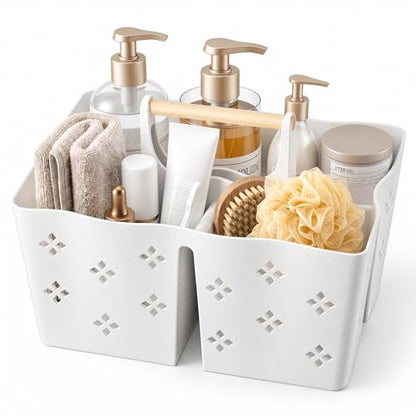 GVY Plastic Shower Caddy Portable, Large Capacity Shower Basket with Handle, Divided Bathroom Toiletry Organizer, Quick-Drain Shower Caddy for College Dorm Beach Kitchen Essentials, White.