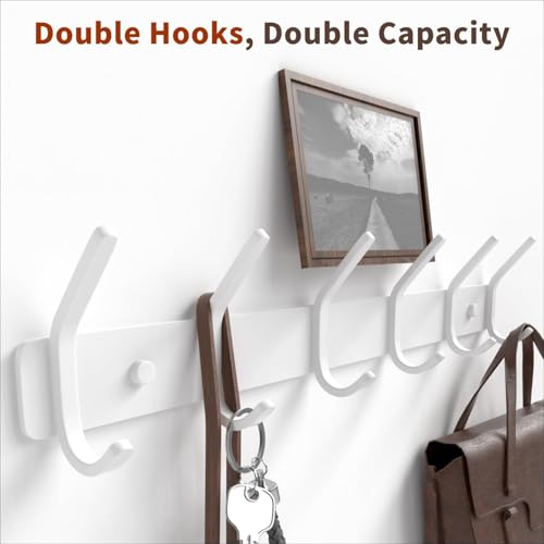 Coat Rack Wall Mount Hooks - 15 Inch White Metal 6-Hook Rack(2 Pack) | Modern Kids Room, Entryway & Bathroom Hanger for Towels, Coats, Purses, Bags