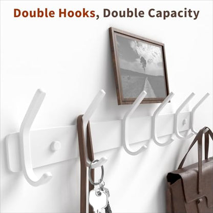 Coat Rack Wall Mount Hooks - 15 Inch White Metal 6-Hook Rack(2 Pack) | Modern Kids Room, Entryway & Bathroom Hanger for Towels, Coats, Purses, Bags