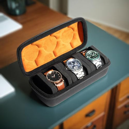 3 slots watch case for travel and storage, hard Watch Roll Organizer holder for Men and Women with microfiber lining