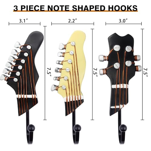 Vintage Guitar Shaped Decorative Hooks Rack Hangers,3 Pack | Guitar Hook For Hanging Clothes Coats Towels Keys Hats Metal Resin Hooks Wall Mounted Heavy Duty, Guitar Music Decor