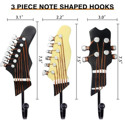 Vintage Guitar Shaped Decorative Hooks Rack Hangers,3 Pack | Guitar Hook For Hanging Clothes Coats Towels Keys Hats Metal Resin Hooks Wall Mounted Heavy Duty, Guitar Music Decor