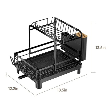 2-Tier Dish Drying Rack, Large Dish Drainers for Kitchen Counter | Anti-Rust Dish Rack with Drainboard, Utensil Holder, Extra Cup Holder, Black