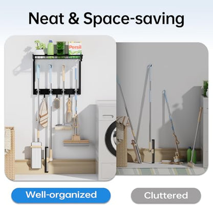 Broom Holder Wall Mount, Mop Organizer with Cleaning Tools Storage Shelf | Sturdy Metal Barn Cleaning Supplies Holder Gripper Hooks, Utility Hanger Closet Organizer for Home Improvement Garage Kitchen