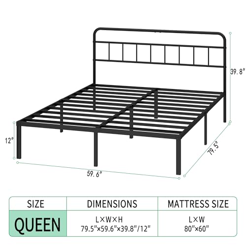 Queen Bed Frame with Classic Headboard,Strong Metal Slats Support,Under Bed Storage Space,No Box Spring Needed,Easy to Assemble,Black