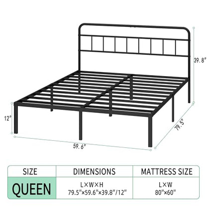Queen Bed Frame with Classic Headboard,Strong Metal Slats Support,Under Bed Storage Space,No Box Spring Needed,Easy to Assemble,Black