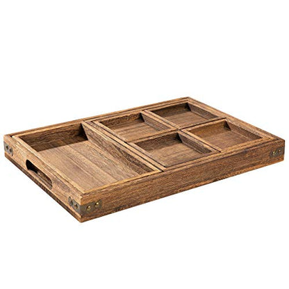 Rustic Wooden Serving Trays with Handle - Set of 7 Rectangular Platters for Entertaining, Breakfast, Coffee Table, Home Decor | 4 Sizes Tray-Snacks to Entrees,Decorative Serving Platter for Breakfast Bed,Lunch,Ottoman,Coffee Table,BBQ-Great for Lap&Sofa