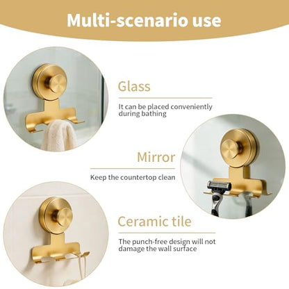 Suction Cup Razor Holder,Stainless Steel Wall Mount Hooks,Heavy-Duty to 15 lbs,No-Drill Shower Hooks for Razors, Towels and Loofahs (Gold, 2 Pack)