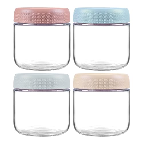 4 Pack Glass Clear Storage Canister with Airtight Lid, 12oz Overnight Oats Containers, Small Cute Decorative Pantry Jar for Snacks, Yogurt, Cereal, Fruit, Salad, Spice, Sugar, Coffee, Tea