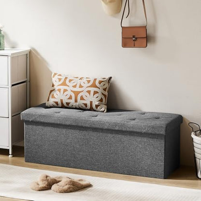 DUMOS 43 Inch Folding Storage Ottoman Bench, Large Ottoman with Storage | Storage Chest with Thicker Foam Padded Seat, End of Bed Foot Rest Stool for Bedroom Living Room Entryway, Load 660 lbs, Grey