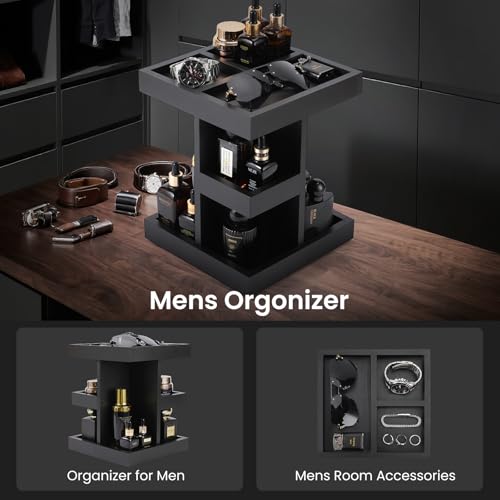 EXIN DECHEN Cologne Organizer for Men,Birthday Gifts for Men,Wooden Black | Easy Installation,360° Rotating,Boyfriend Husband Dad Gift Ideas,Mens Accessories for Desk,Bathroom Countertop,Vanity,Dresser