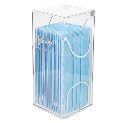 Healeved Clear Face Mask Dispenser with Lid, Acrylic Countertop Storage Box Holder for Facial Masks, Gloves and Hairnets, Dust-Proof Vertical Organizer for Home Office Clinic (8.25 x 3.46 Inch)