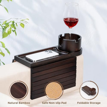 Couch Cup Holder for Armrests Over 4.9" Wide with 360° Phone Stand Walnut | Couch Arm Tray with 360° Rotating Phone Stand, 3 in 1 Foldable Sofa Arm Tray Table for Remote, Snacks, Phone, Drinks