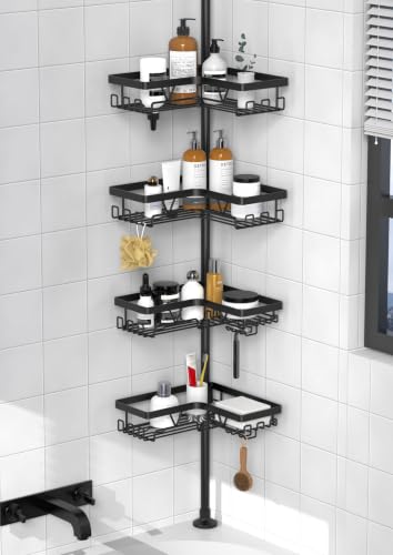 Corner Shower Caddy Tension Pole, Large Capacity B... (Black | Stainless Steel)