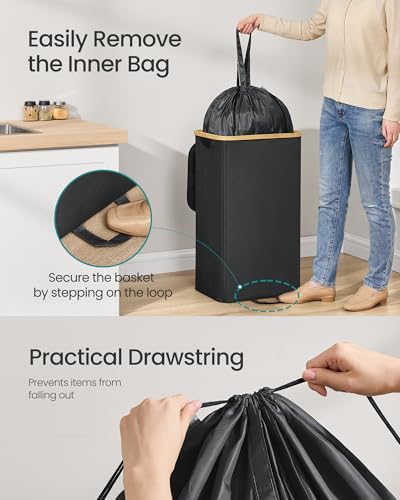 SONGMICS Recycling Bin for Kitchen 26.4 Gallon. Bottle Recycling Container, Collection Bin, for Metal, Plastic, Paper, Glass, Inner Bag with Handles, Kitchen, Ink Black and Natural Beige URRB509B01
