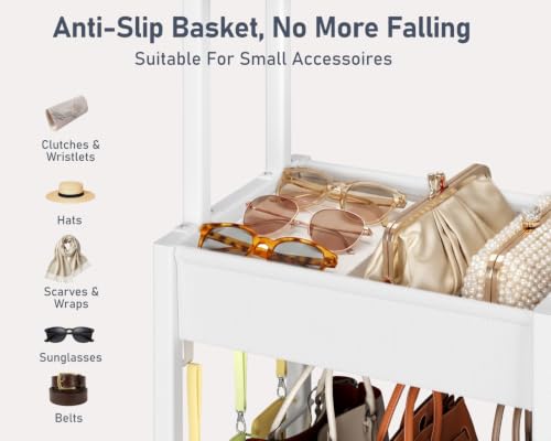 DIMJ Purse Organizer for Closet - Floor-standing Handbag Organizer Rack with 16 Hooks, Purse Storage Shelf Stand for Handbags, Totes, Wallets, Scarves, Bedroom Entryway and Walk-in Closet, White