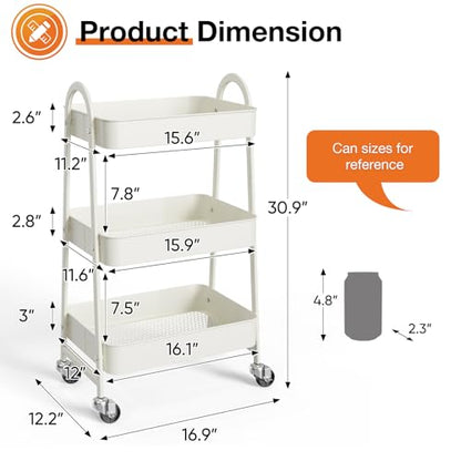3-Tier Metal Rolling Cart with Lockable Wheels, He... (White | Metal)