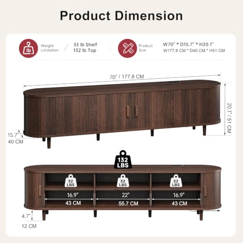 70" Mid Century Modern TV Stand, Wood TV Consoles with Sliding Doors and Power Outlet, Entertainment Center with Adjustable Shelves, Fluted TV Stands for Living Room, Walnut