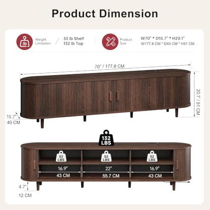 70" Mid Century Modern TV Stand, Wood TV Consoles with Sliding Doors and Power Outlet, Entertainment Center with Adjustable Shelves, Fluted TV Stands for Living Room, Walnut